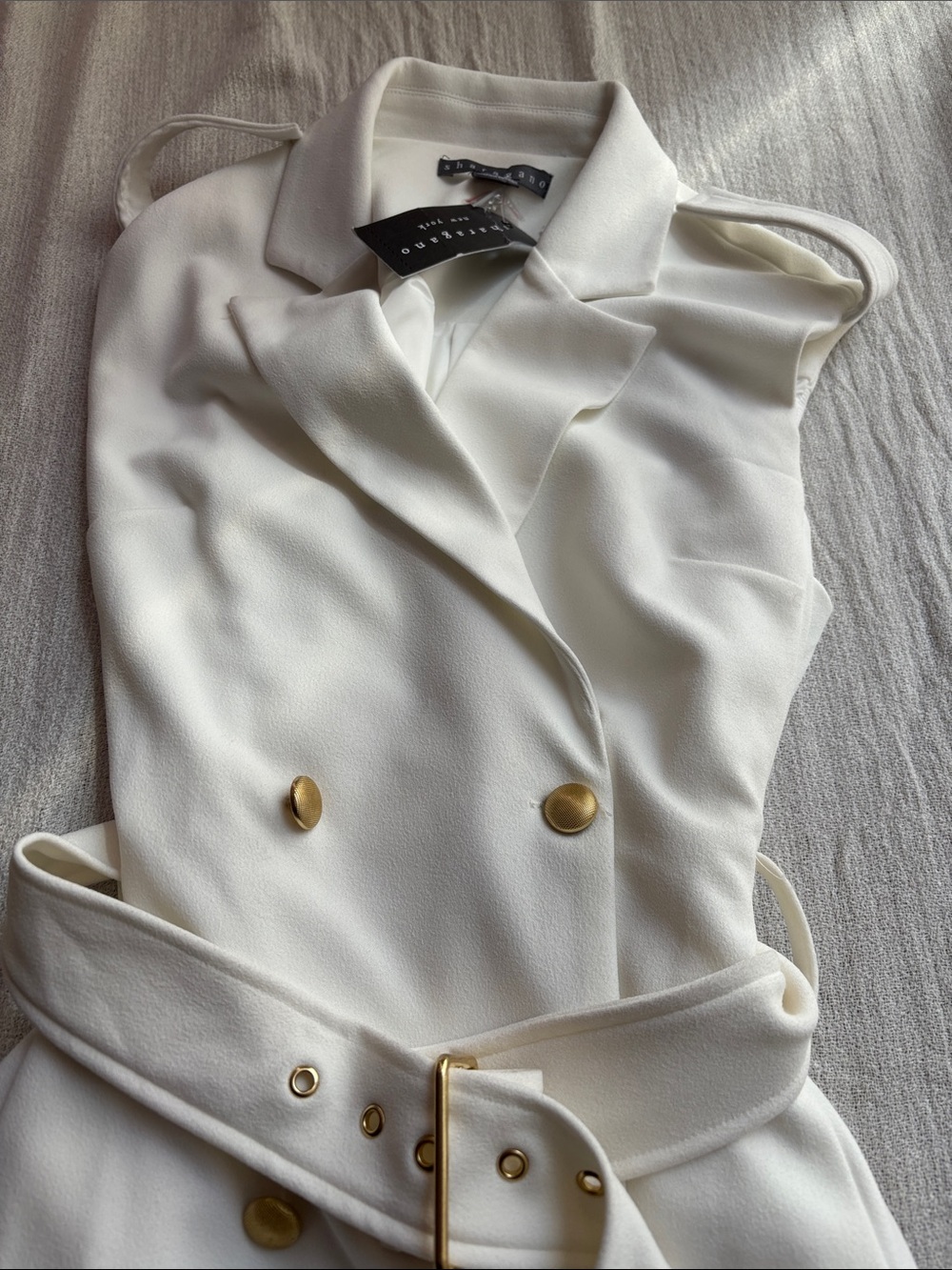 Sharagano Cream Double-Breasted Sleeveless Belted Dress